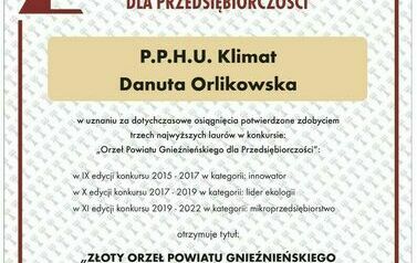 P. P. H. U. Klimat Danuta Orlikowska - Złoty Orzeł Powiatu Gnieźnieńskiego dla Przedsiębiorczości