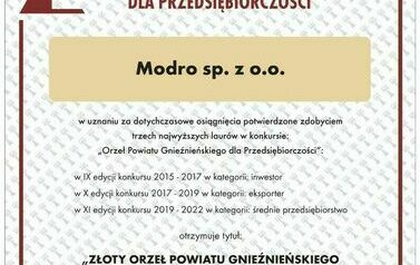 Modro sp. z o.o. - Złoty Orzeł Powiatu Gnieźnieńskiego dla Przedsiębiorczości