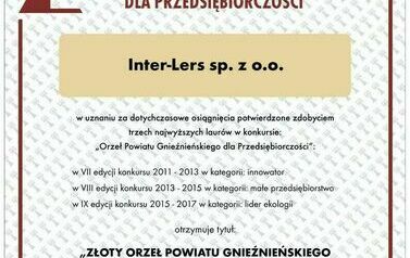 Inter-Lers sp. z o.o. - Złoty Orzeł Powiatu Gnieźnieńskiego dla Przedsiębiorczości