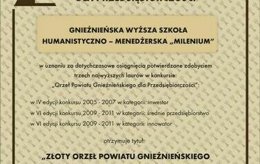 Gnieźnieńska Szkoła Wyższa &quot;Milenium&quot; - Złoty Orzeł Powiatu Gnieźnieńskiego dla Przedsiębiorczości