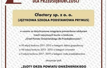 Cfactory sp. z o.o. - Złoty Orzeł Powiatu Gnieźnieńskiego dla Przedsiębiorczości