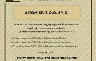 Altom sp. z o.o. sp. k. - Złoty Orzeł Powiatu Gnieźnieńskiego dla Przedsiębiorczości