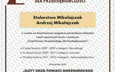 Stolarstwo Mikołajczak Andrzej Mikołajczak - Złoty Orzeł Powiatu Gnieźnieńskiego dla Przedsiębiorczości