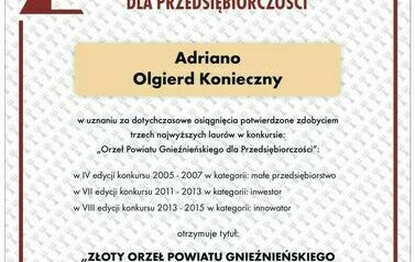 Adriano Olgierd Konieczny - Złoty Orzeł Powiatu Gnieźnieńskiego dla Przedsiębiorczości